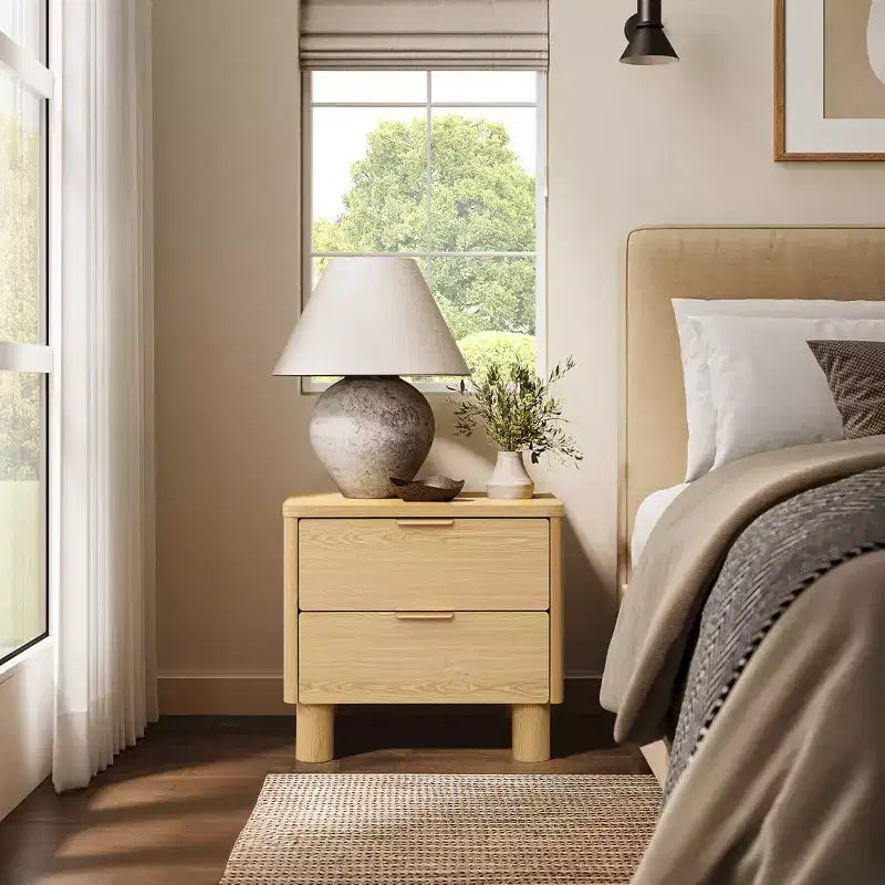 LuxenHome 21.6 Oak Nightstand with Drawers, Bedside Table with Thick Legs and Rounded Edges, Night Stand for Bedroom Brown