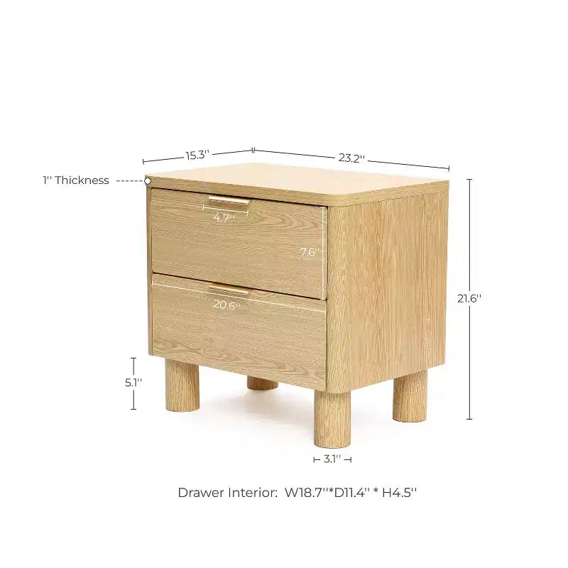 LuxenHome 21.6 Oak Nightstand with Drawers, Bedside Table with Thick Legs and Rounded Edges, Night Stand for Bedroom Brown