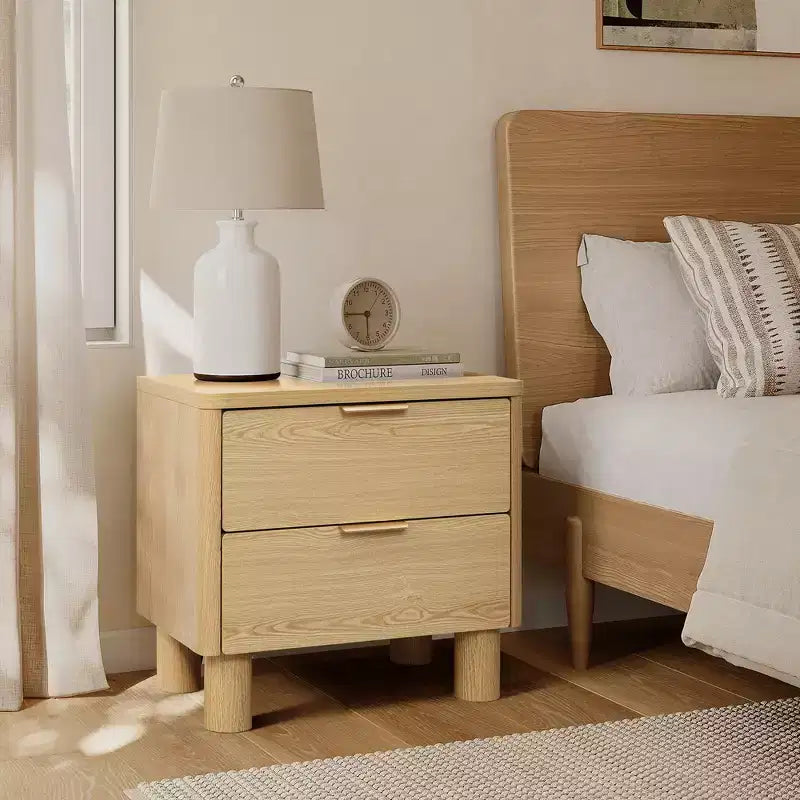 LuxenHome 21.6 Oak Nightstand with Drawers, Bedside Table with Thick Legs and Rounded Edges, Night Stand for Bedroom Brown