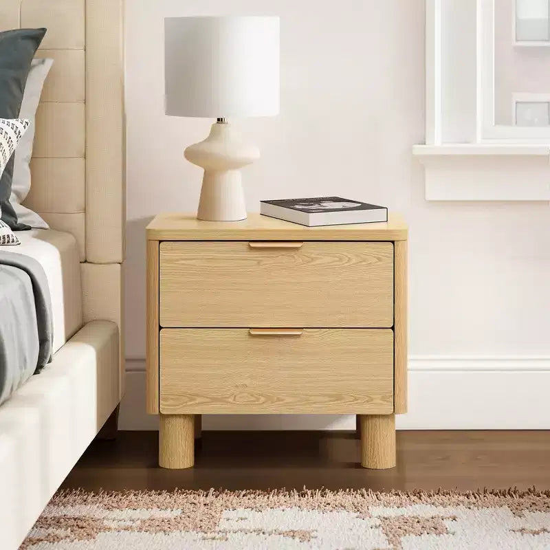 LuxenHome 21.6 Oak Nightstand with Drawers, Bedside Table with Thick Legs and Rounded Edges, Night Stand for Bedroom Brown