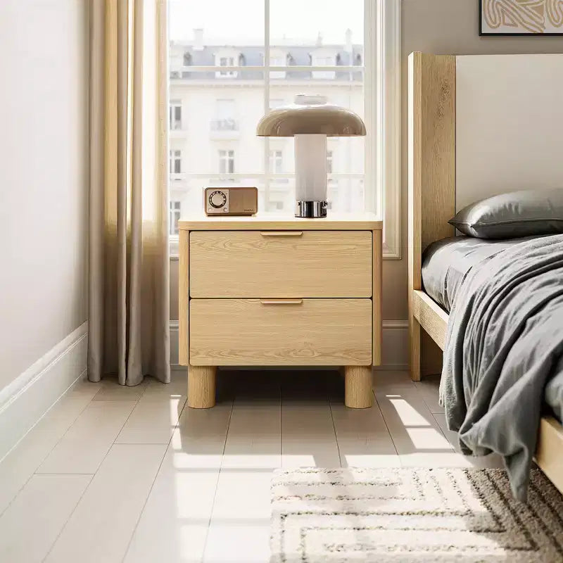 LuxenHome 21.6 Oak Nightstand with Drawers, Bedside Table with Thick Legs and Rounded Edges, Night Stand for Bedroom Brown