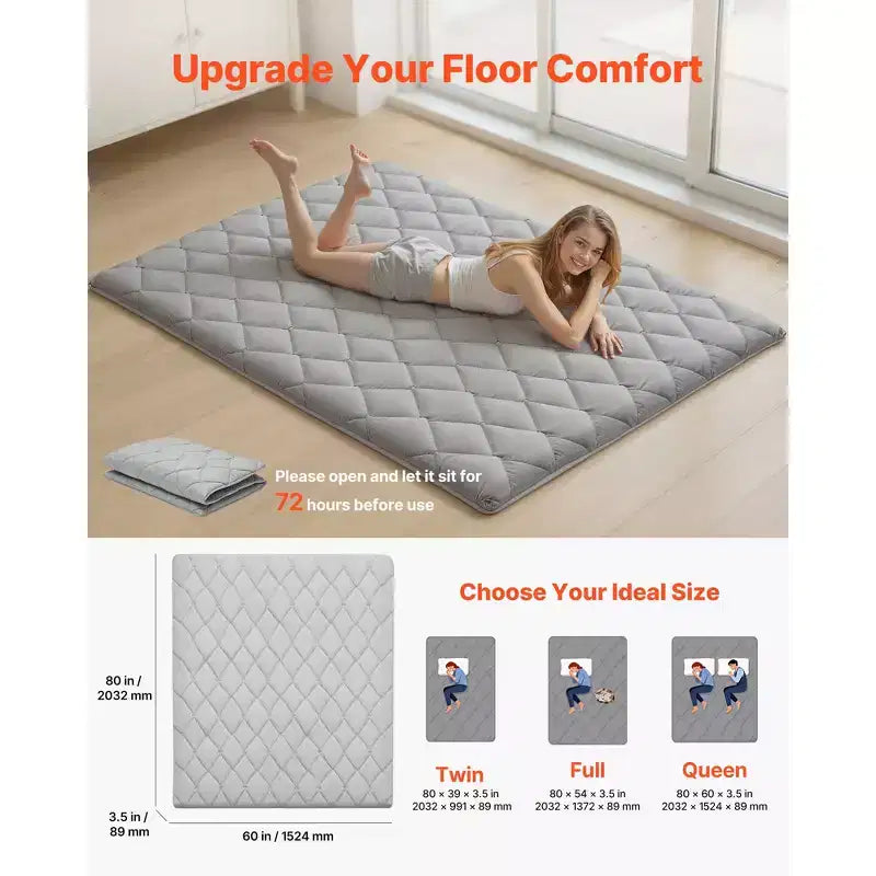 VEVOR Japanese Tatami Mat, Queen Size Foldable Japanese Tatami Mattress, Futon Mattress with Storage Bag, 9-Layer Floor Mat, 80 x 60 x 3.5 in, Gray