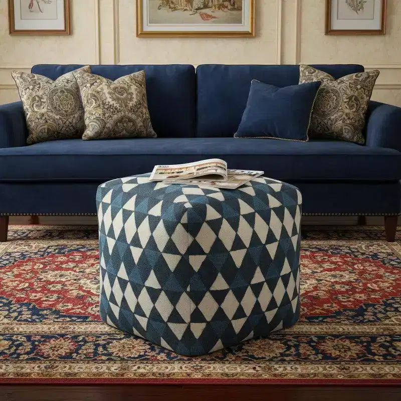 HomeRoots 20 Blue Cotton Geometric Pouf Ottoman