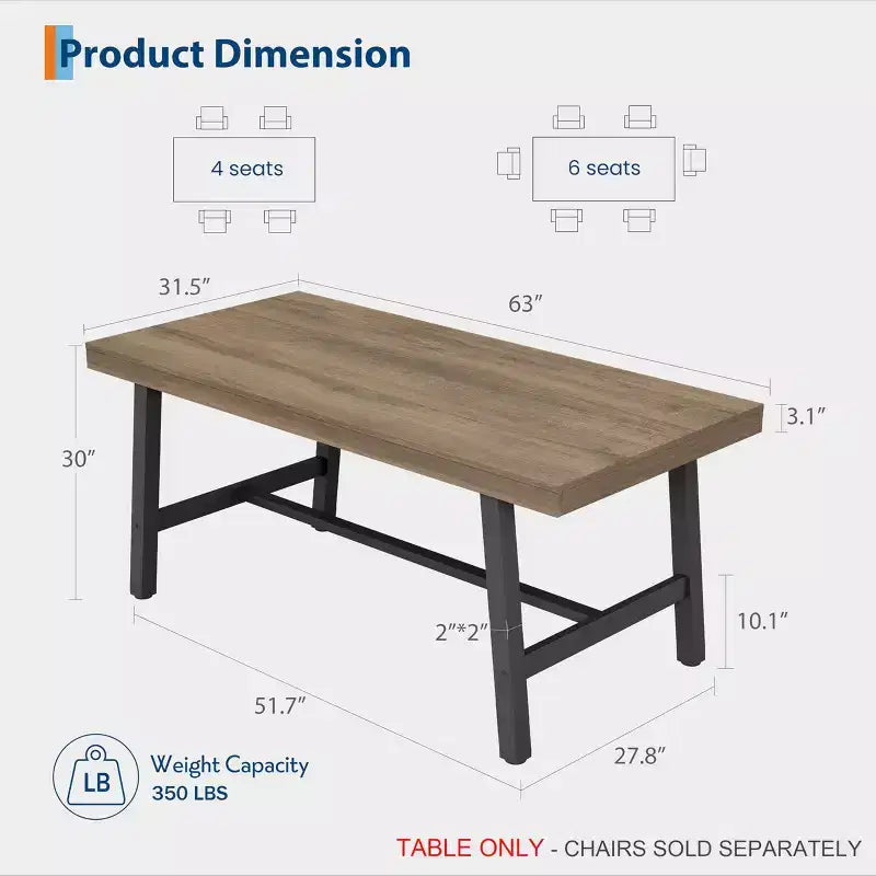 Industrial Dining Table for 4-6 People, 63 Long Wooden Kitchen Table with Sturdy Metal Frame & Rustic Pear Finish, Seats 4 Rectangular Counter