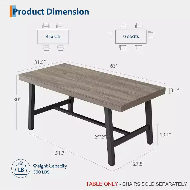 Industrial Dining Table for 4-6 People, 63 Long Wooden Kitchen Table with Sturdy Metal Frame & Rustic Pear Finish, Seats 4 Rectangular Counter