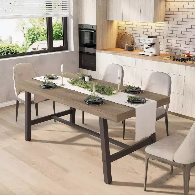 Industrial Dining Table for 4-6 People, 63 Long Wooden Kitchen Table with Sturdy Metal Frame & Rustic Pear Finish, Seats 4 Rectangular Counter