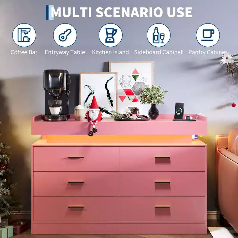 Acekool TV Stand Cabinet, Floating Countertop Coffee Bar Sideboard, 6 Drawer Storage for Living Room