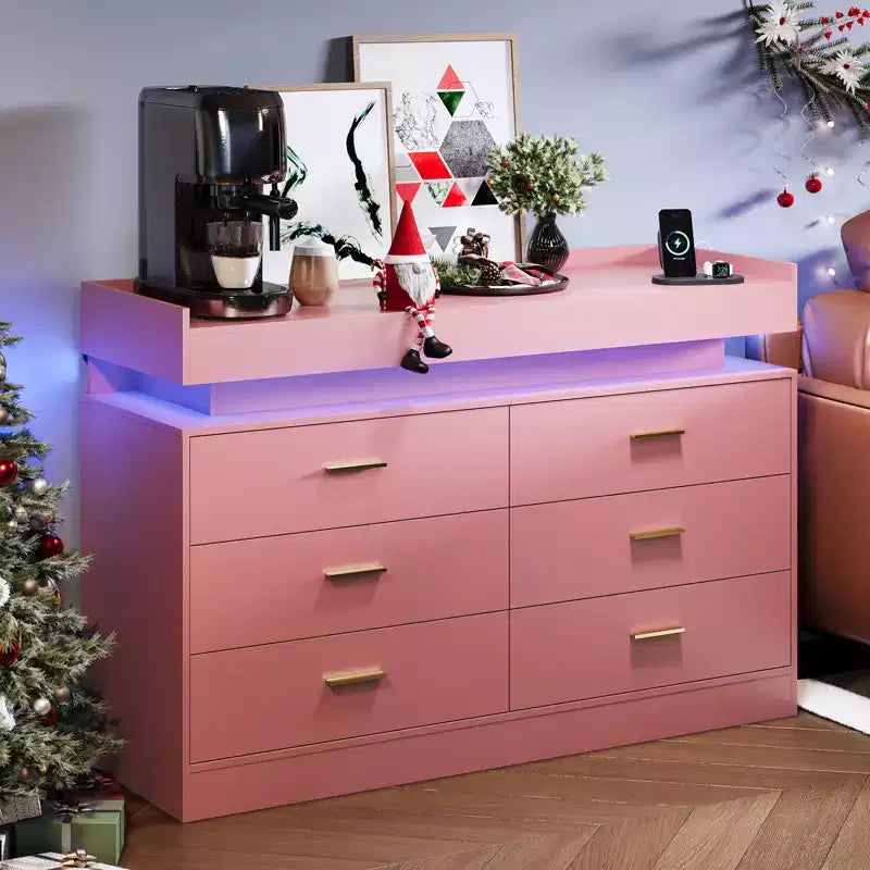 Acekool TV Stand Cabinet, Floating Countertop Coffee Bar Sideboard, 6 Drawer Storage for Living Room