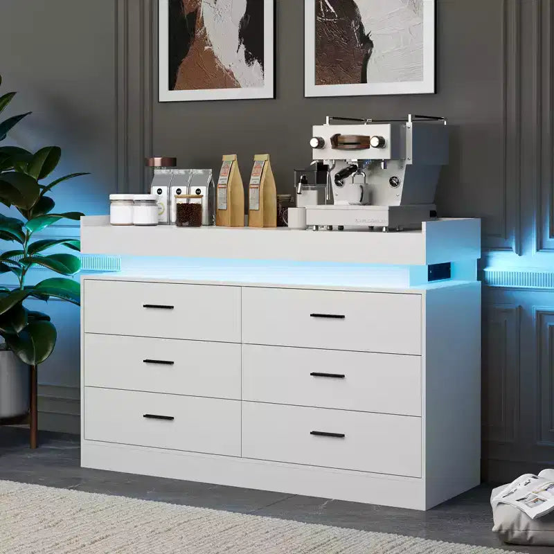 Acekool TV Stand Cabinet, Floating Countertop Coffee Bar Sideboard, 6 Drawer Storage for Living Room