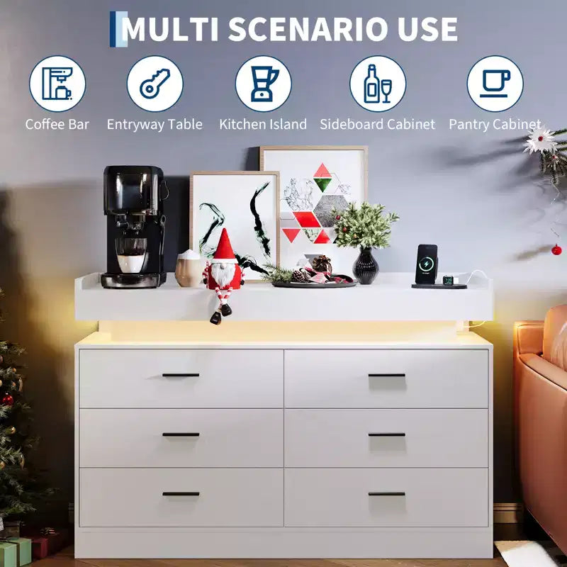 Acekool TV Stand Cabinet, Floating Countertop Coffee Bar Sideboard, 6 Drawer Storage for Living Room