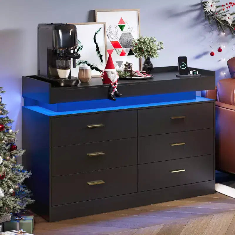 Acekool TV Stand Cabinet, Floating Countertop Coffee Bar Sideboard, 6 Drawer Storage for Living Room