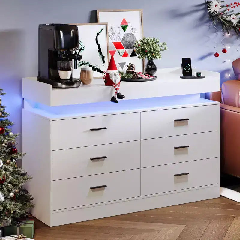 Acekool TV Stand Cabinet, Floating Countertop Coffee Bar Sideboard, 6 Drawer Storage for Living Room