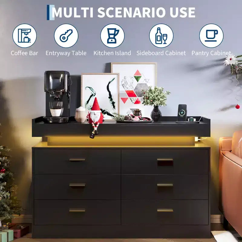 Acekool TV Stand Cabinet, Floating Countertop Coffee Bar Sideboard, 6 Drawer Storage for Living Room