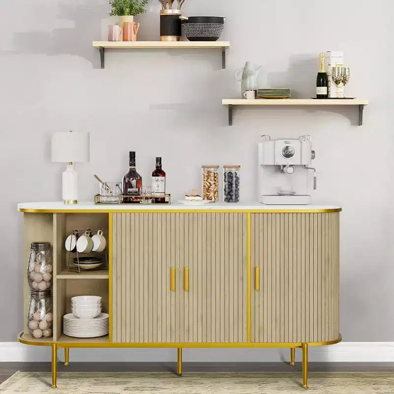 Mid-Century Modern Buffet Cabinet, 59 Sideboard with Fluted Front & Metal Legs, Faux Marble Top Storage for Dining Room, Entryway, Living Room