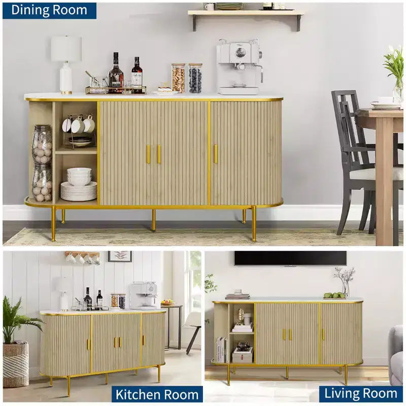Mid-Century Modern Buffet Cabinet, 59 Sideboard with Fluted Front & Metal Legs, Faux Marble Top Storage for Dining Room, Entryway, Living Room