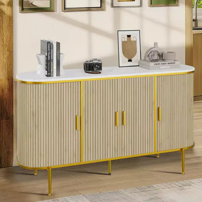 Mid-Century Modern Buffet Cabinet, 59 Sideboard with Fluted Front & Metal Legs, Faux Marble Top Storage for Dining Room, Entryway, Living Room