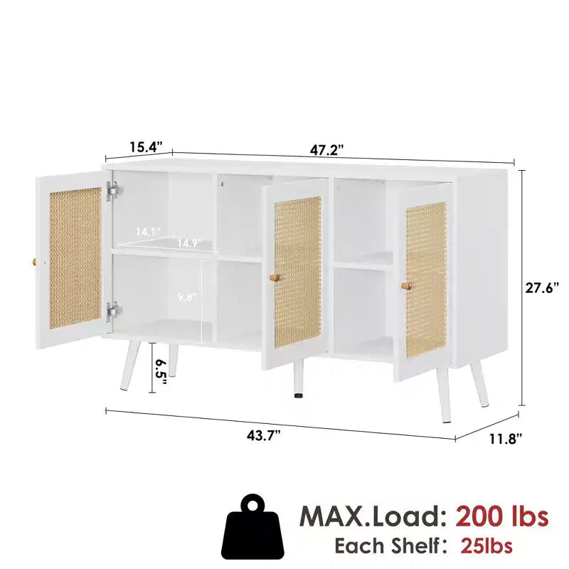 Buffet Cabinet with Storage, 47.2 Rattan Sideboard with Adjustable Shelves, Modern Coffee Bar Credenza for Kitchen, Living Room, Dining Room