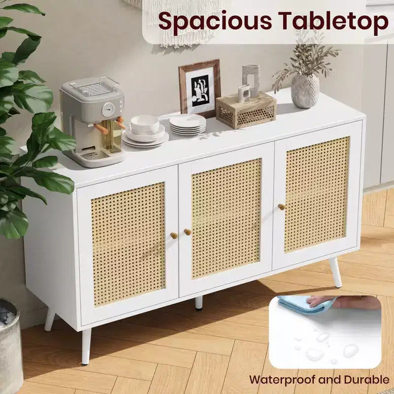 Buffet Cabinet with Storage, 47.2 Rattan Sideboard with Adjustable Shelves, Modern Coffee Bar Credenza for Kitchen, Living Room, Dining Room