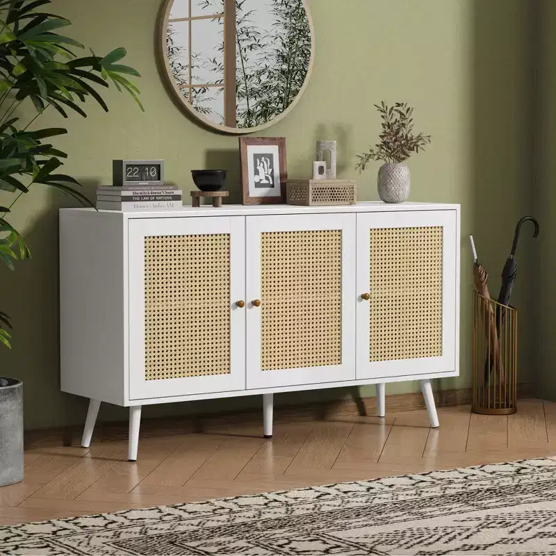 Buffet Cabinet with Storage, 47.2 Rattan Sideboard with Adjustable Shelves, Modern Coffee Bar Credenza for Kitchen, Living Room, Dining Room