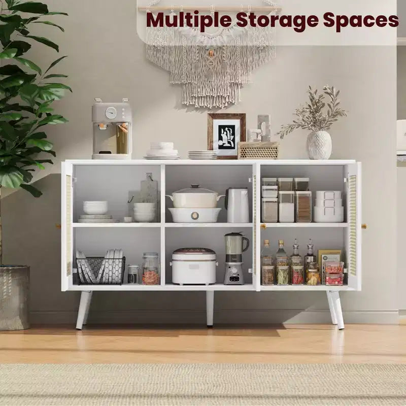 Buffet Cabinet with Storage, 47.2 Rattan Sideboard with Adjustable Shelves, Modern Coffee Bar Credenza for Kitchen, Living Room, Dining Room