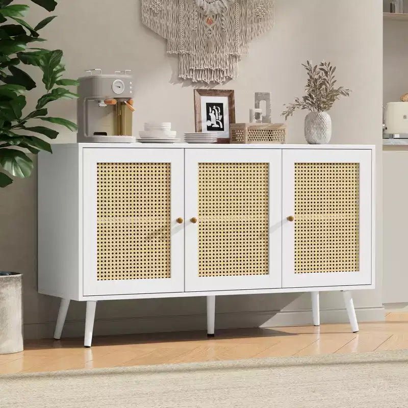 Buffet Cabinet with Storage, 47.2 Rattan Sideboard with Adjustable Shelves, Modern Coffee Bar Credenza for Kitchen, Living Room, Dining Room