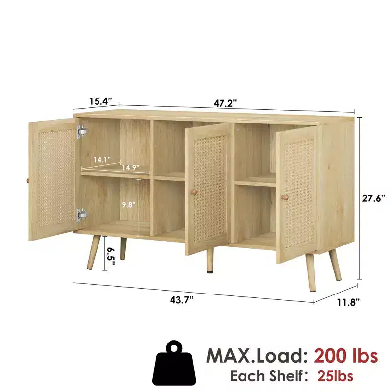 Buffet Cabinet with Storage, 47.2 Rattan Sideboard with Adjustable Shelves, Modern Coffee Bar Credenza for Kitchen, Living Room, Dining Room