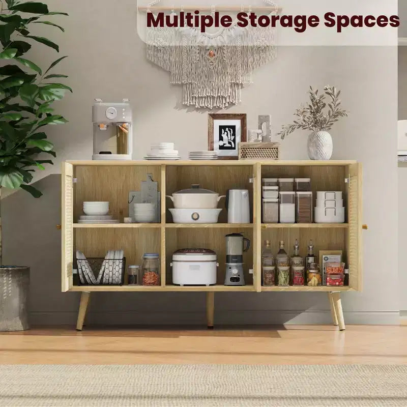 Buffet Cabinet with Storage, 47.2 Rattan Sideboard with Adjustable Shelves, Modern Coffee Bar Credenza for Kitchen, Living Room, Dining Room