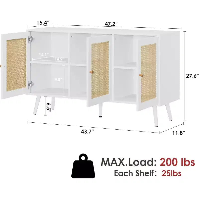 Buffet Cabinet with Storage, 47.2 Rattan Sideboard with Adjustable Shelves, Modern Coffee Bar Credenza for Kitchen, Living Room, Dining Room