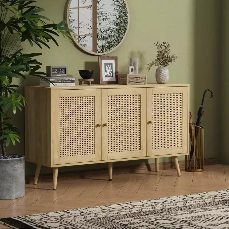 Buffet Cabinet with Storage, 47.2 Rattan Sideboard with Adjustable Shelves, Modern Coffee Bar Credenza for Kitchen, Living Room, Dining Room