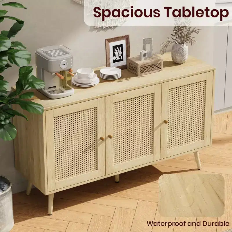 Buffet Cabinet with Storage, 47.2 Rattan Sideboard with Adjustable Shelves, Modern Coffee Bar Credenza for Kitchen, Living Room, Dining Room
