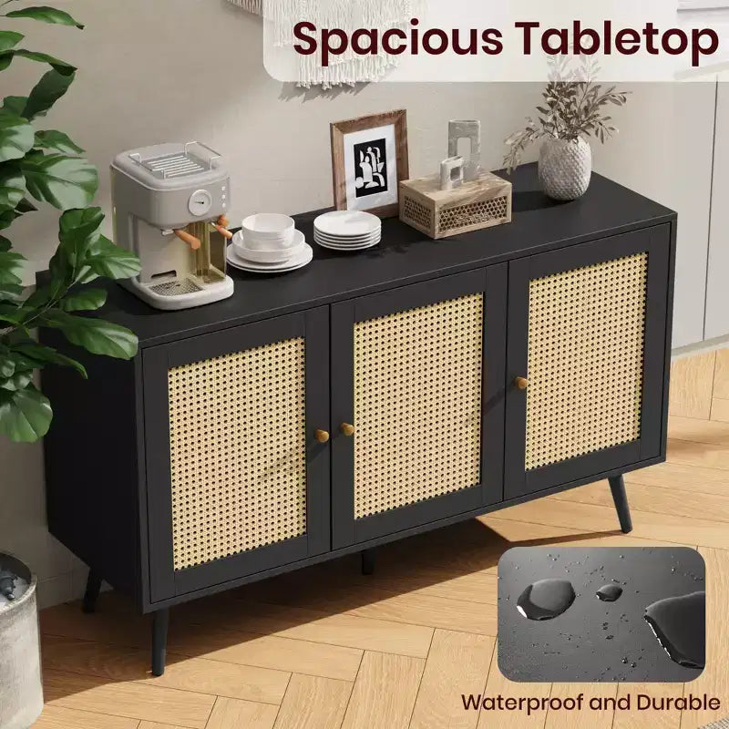 Buffet Cabinet with Storage, 47.2 Rattan Sideboard with Adjustable Shelves, Modern Coffee Bar Credenza for Kitchen, Living Room, Dining Room