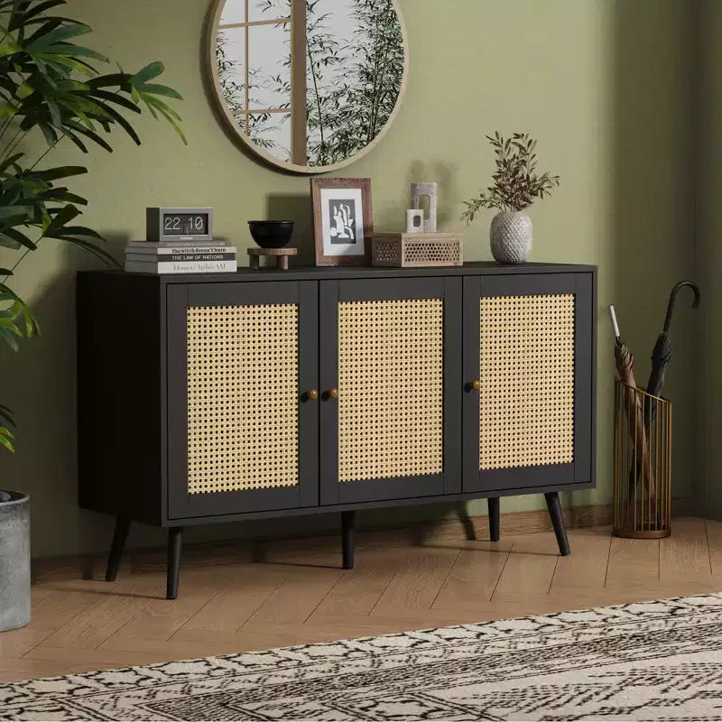 Buffet Cabinet with Storage, 47.2 Rattan Sideboard with Adjustable Shelves, Modern Coffee Bar Credenza for Kitchen, Living Room, Dining Room