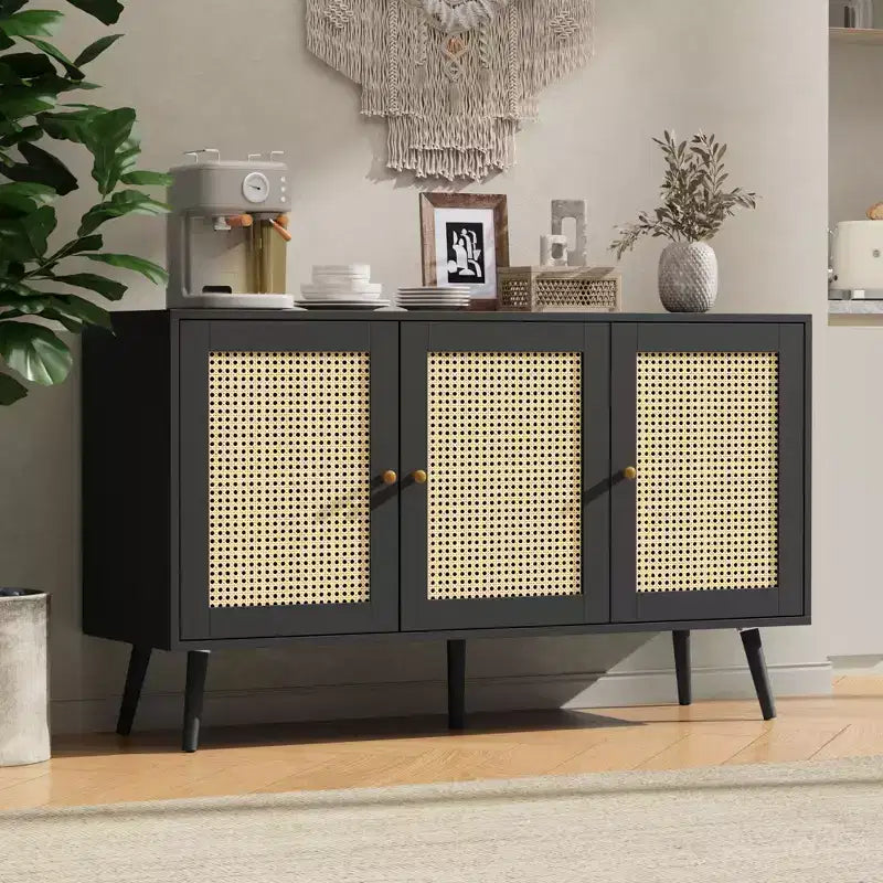 Buffet Cabinet with Storage, 47.2 Rattan Sideboard with Adjustable Shelves, Modern Coffee Bar Credenza for Kitchen, Living Room, Dining Room