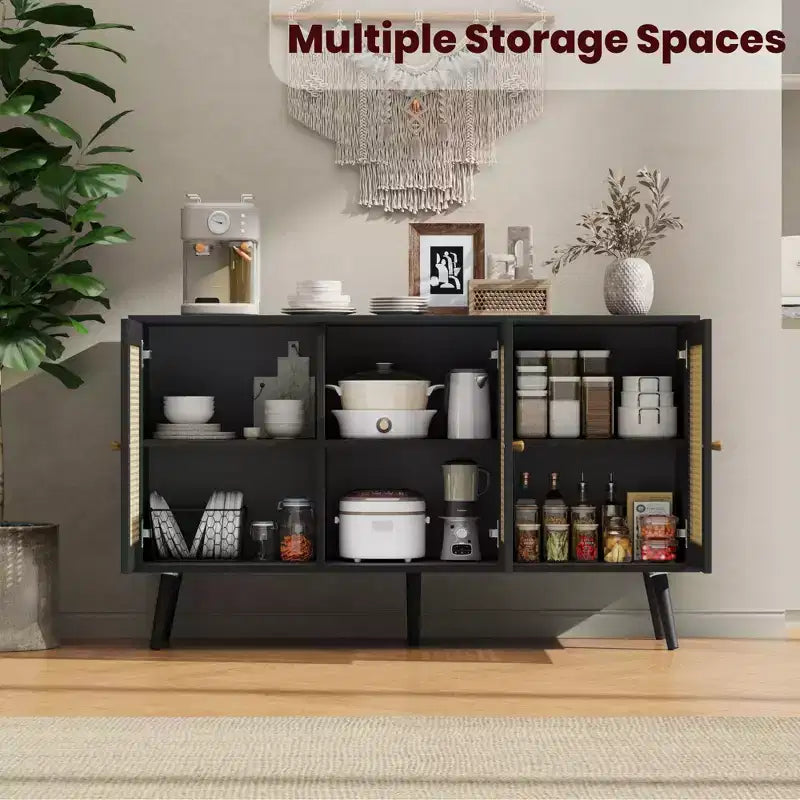 Buffet Cabinet with Storage, 47.2 Rattan Sideboard with Adjustable Shelves, Modern Coffee Bar Credenza for Kitchen, Living Room, Dining Room