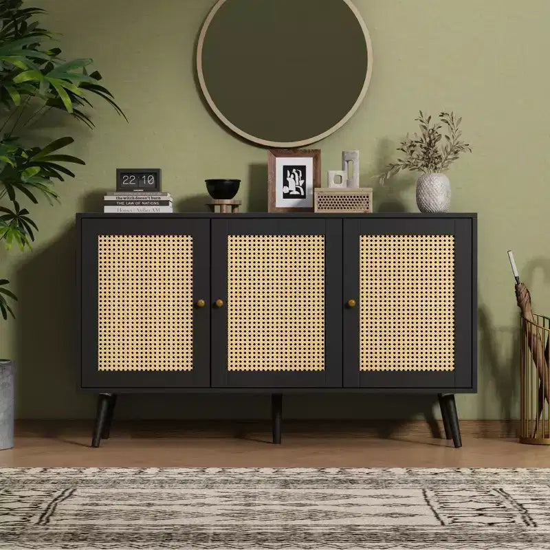 Buffet Cabinet with Storage, 47.2 Rattan Sideboard with Adjustable Shelves, Modern Coffee Bar Credenza for Kitchen, Living Room, Dining Room