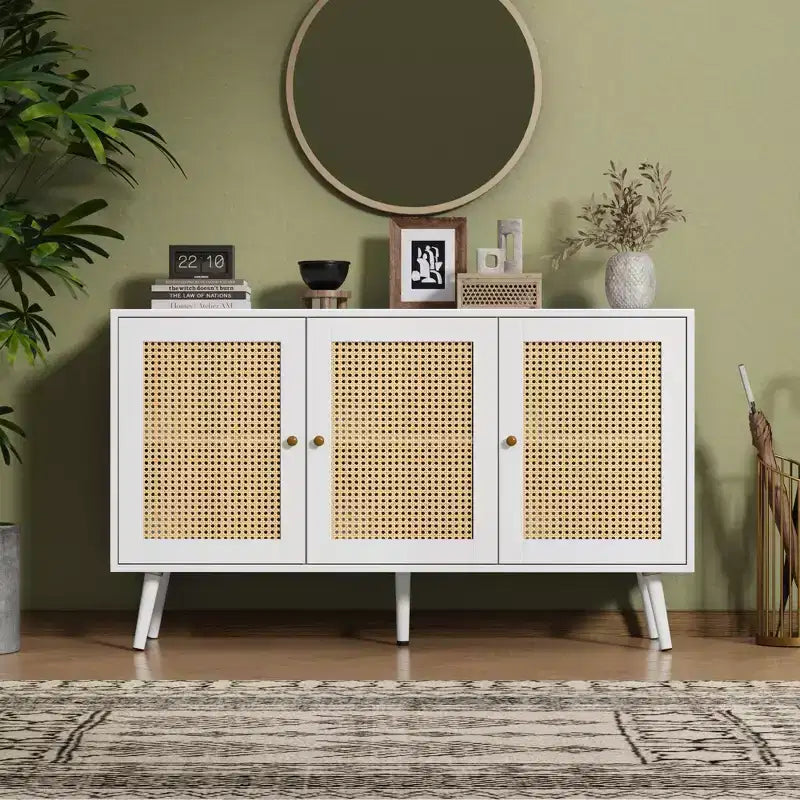 Buffet Cabinet with Storage, 47.2 Rattan Sideboard with Adjustable Shelves, Modern Coffee Bar Credenza for Kitchen, Living Room, Dining Room