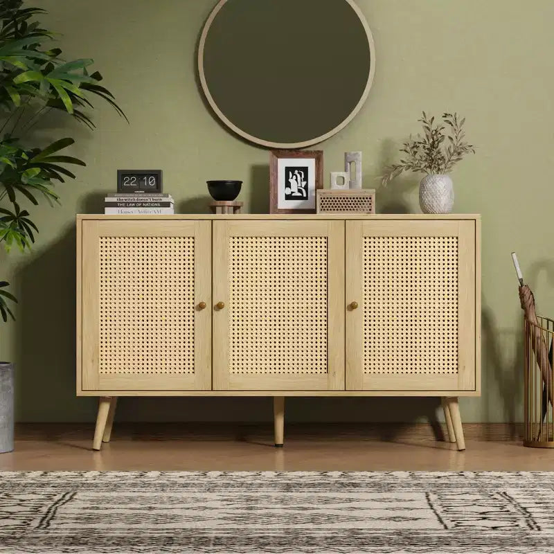 Buffet Cabinet with Storage, 47.2 Rattan Sideboard with Adjustable Shelves, Modern Coffee Bar Credenza for Kitchen, Living Room, Dining Room