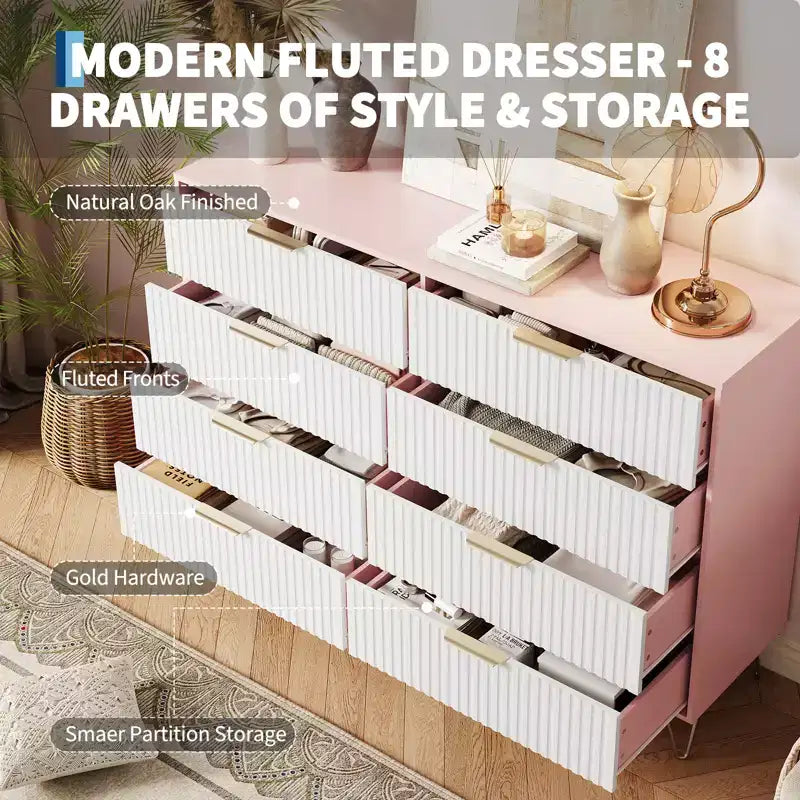 Stylish 8 Drawer Dresser for Bedroom, 55 Wood Storage Dresser with Metal Handles, Modern Closet Dresser Ideal for Bedroom, Living Room, Entryway