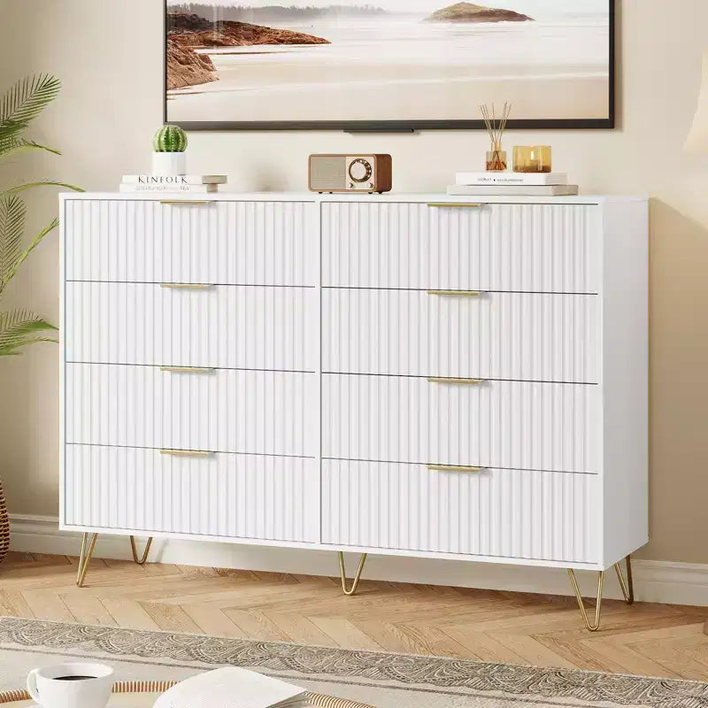 Stylish 8 Drawer Dresser for Bedroom, 55 Wood Storage Dresser with Metal Handles, Modern Closet Dresser Ideal for Bedroom, Living Room, Entryway