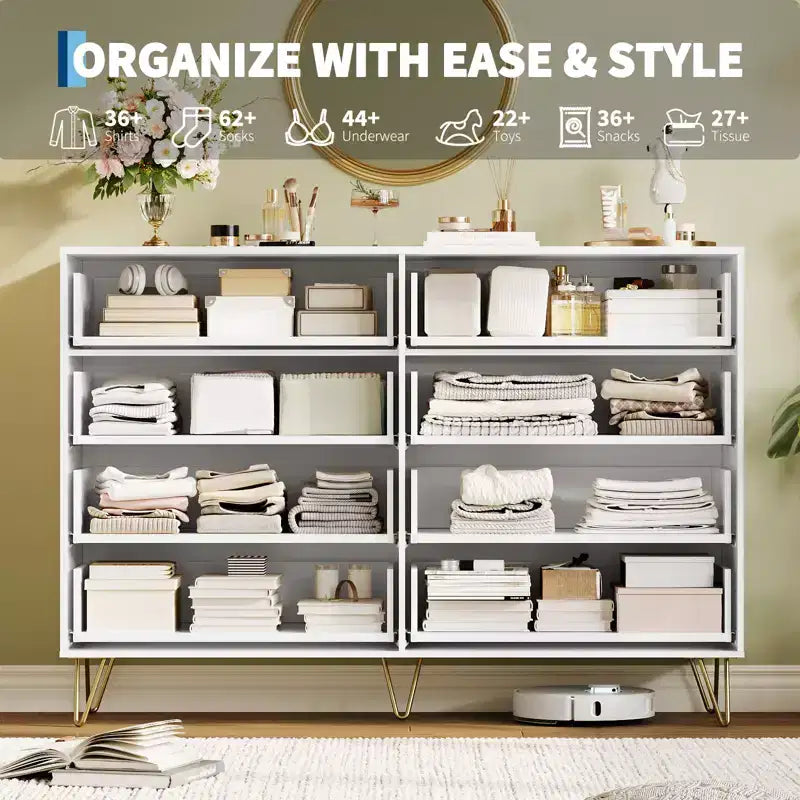 Stylish 8 Drawer Dresser for Bedroom, 55 Wood Storage Dresser with Metal Handles, Modern Closet Dresser Ideal for Bedroom, Living Room, Entryway
