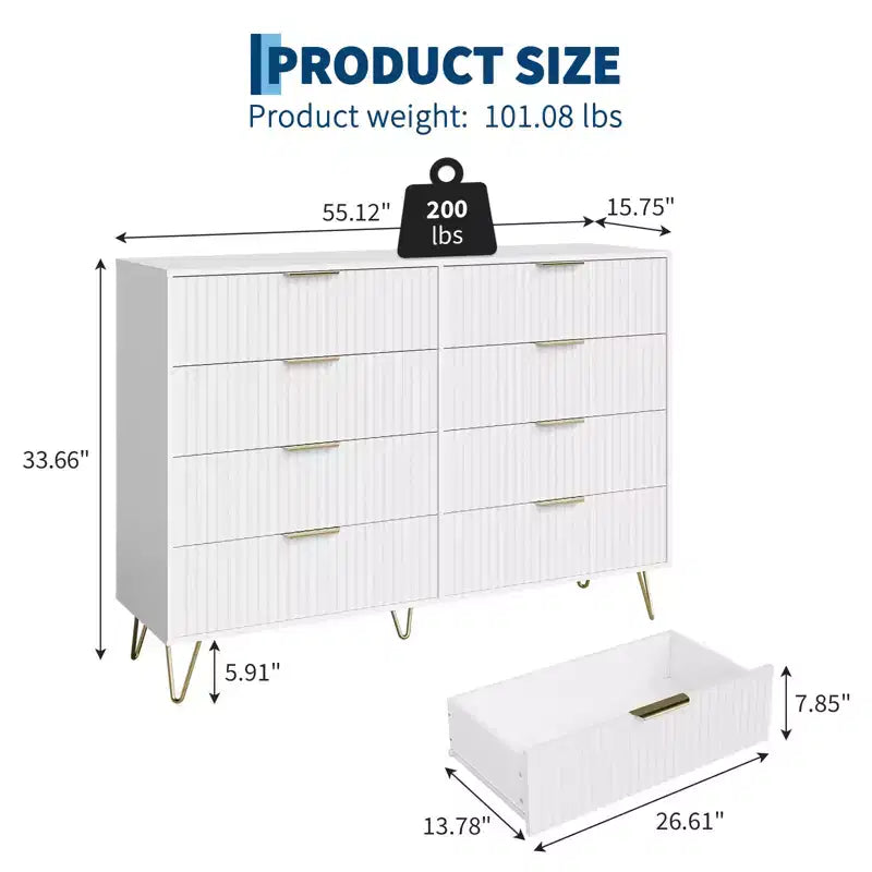 Stylish 8 Drawer Dresser for Bedroom, 55 Wood Storage Dresser with Metal Handles, Modern Closet Dresser Ideal for Bedroom, Living Room, Entryway