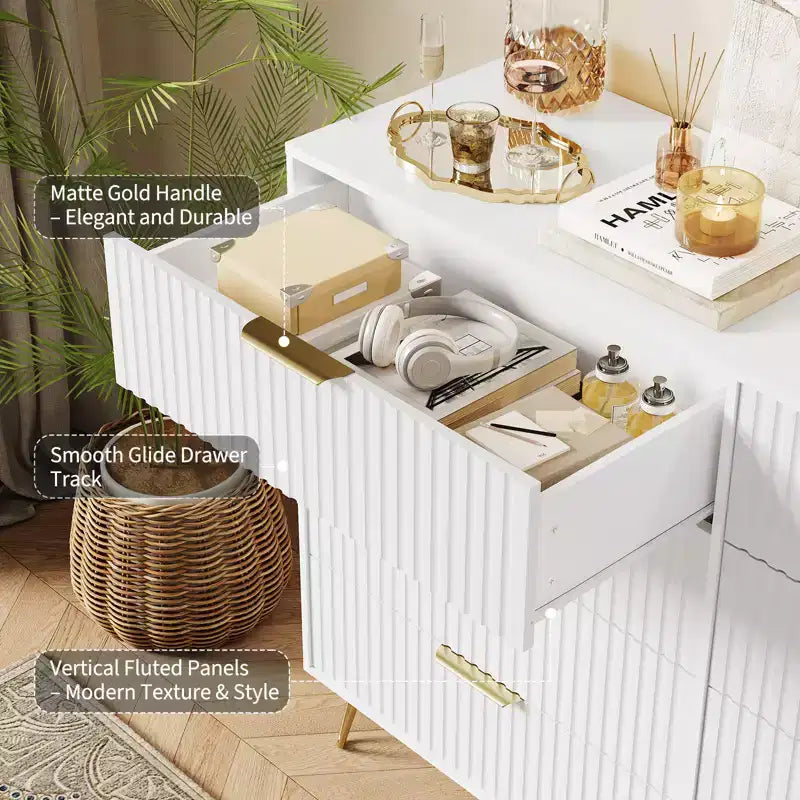 Stylish 8 Drawer Dresser for Bedroom, 55 Wood Storage Dresser with Metal Handles, Modern Closet Dresser Ideal for Bedroom, Living Room, Entryway