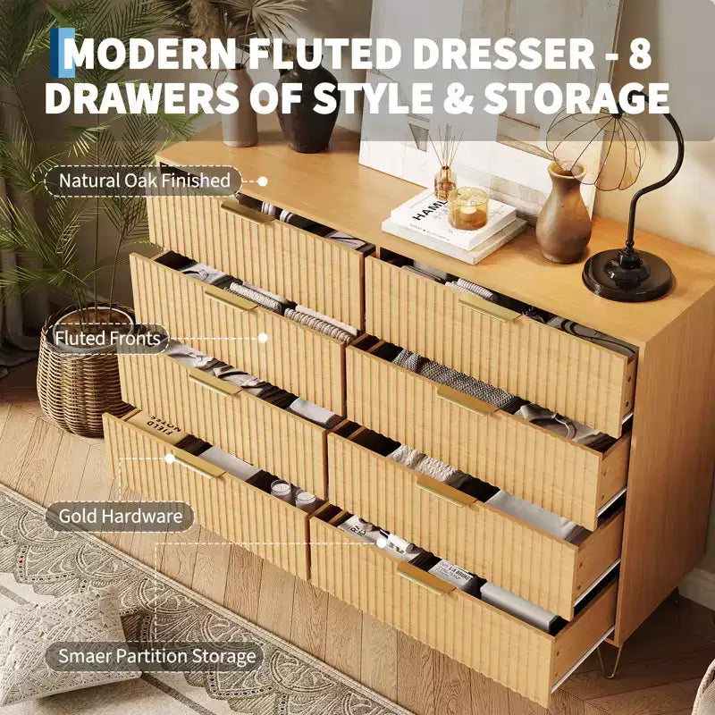 Stylish 8 Drawer Dresser for Bedroom, 55 Wood Storage Dresser with Metal Handles, Modern Closet Dresser Ideal for Bedroom, Living Room, Entryway