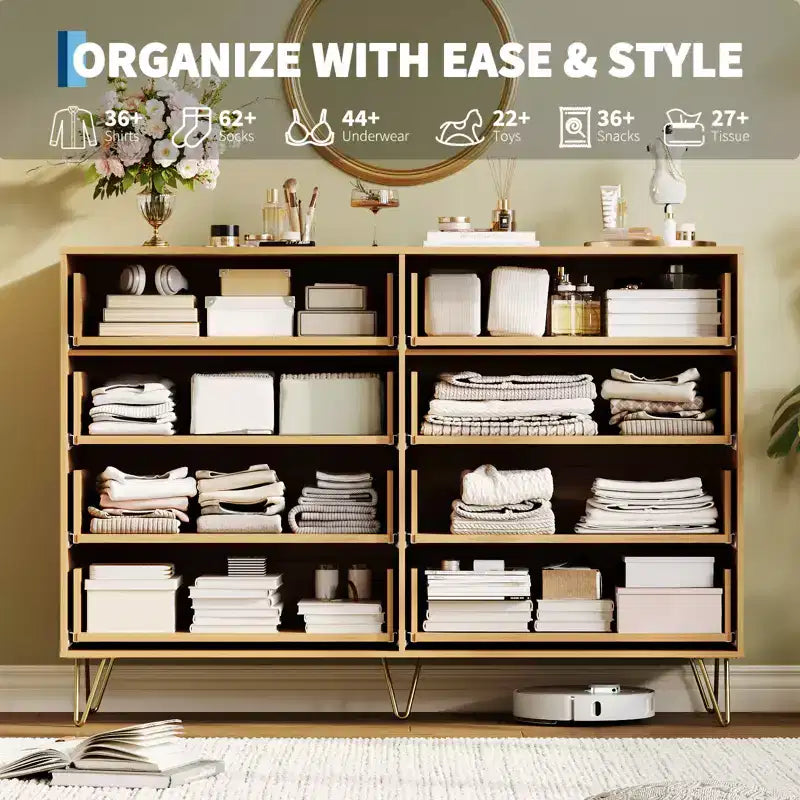 Stylish 8 Drawer Dresser for Bedroom, 55 Wood Storage Dresser with Metal Handles, Modern Closet Dresser Ideal for Bedroom, Living Room, Entryway