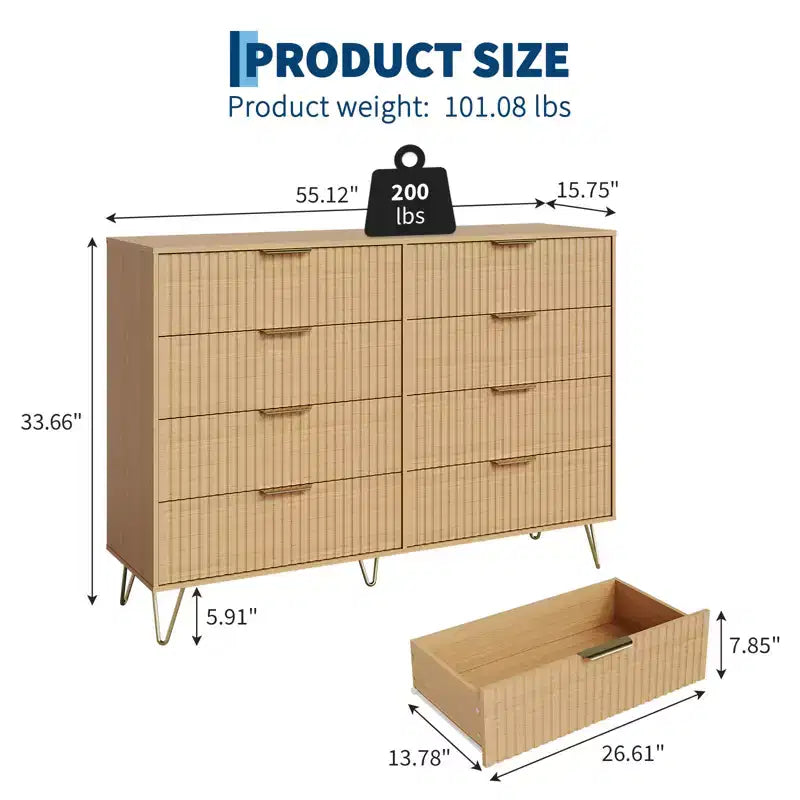 Stylish 8 Drawer Dresser for Bedroom, 55 Wood Storage Dresser with Metal Handles, Modern Closet Dresser Ideal for Bedroom, Living Room, Entryway