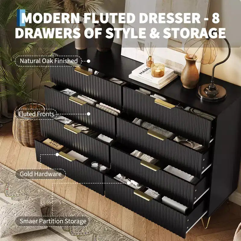 Stylish 8 Drawer Dresser for Bedroom, 55 Wood Storage Dresser with Metal Handles, Modern Closet Dresser Ideal for Bedroom, Living Room, Entryway