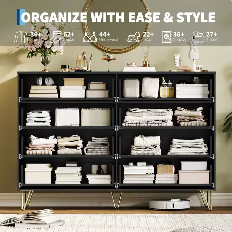 Stylish 8 Drawer Dresser for Bedroom, 55 Wood Storage Dresser with Metal Handles, Modern Closet Dresser Ideal for Bedroom, Living Room, Entryway