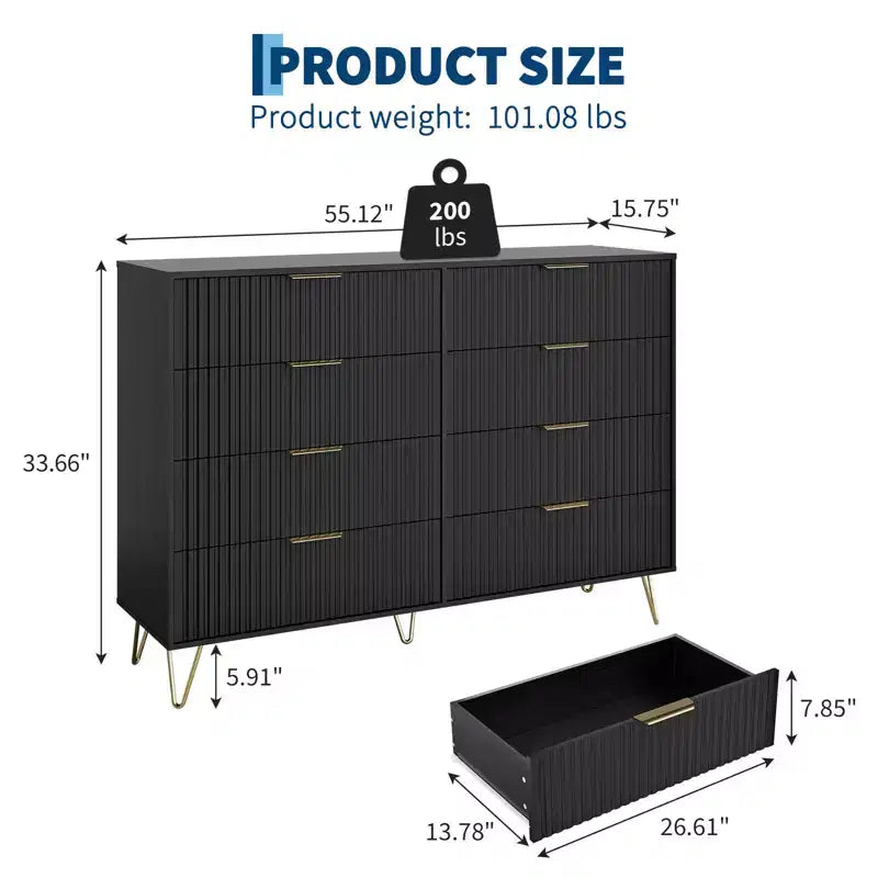 Stylish 8 Drawer Dresser for Bedroom, 55 Wood Storage Dresser with Metal Handles, Modern Closet Dresser Ideal for Bedroom, Living Room, Entryway