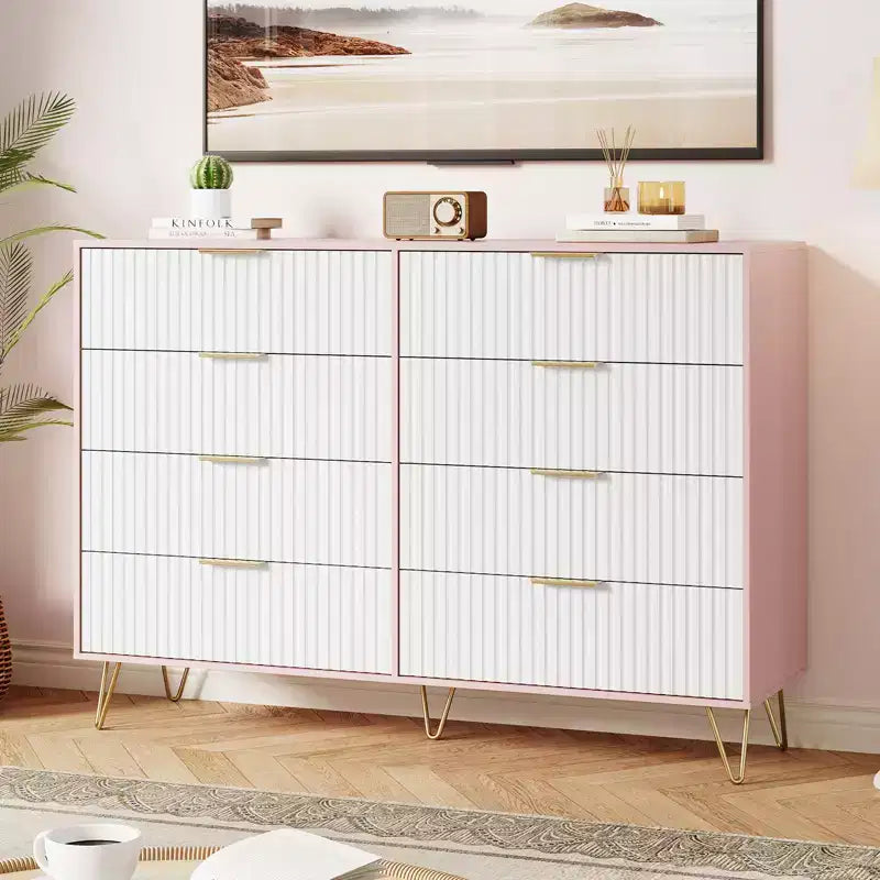 Stylish 8 Drawer Dresser for Bedroom, 55 Wood Storage Dresser with Metal Handles, Modern Closet Dresser Ideal for Bedroom, Living Room, Entryway