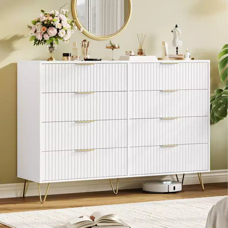 Stylish 8 Drawer Dresser for Bedroom, 55 Wood Storage Dresser with Metal Handles, Modern Closet Dresser Ideal for Bedroom, Living Room, Entryway